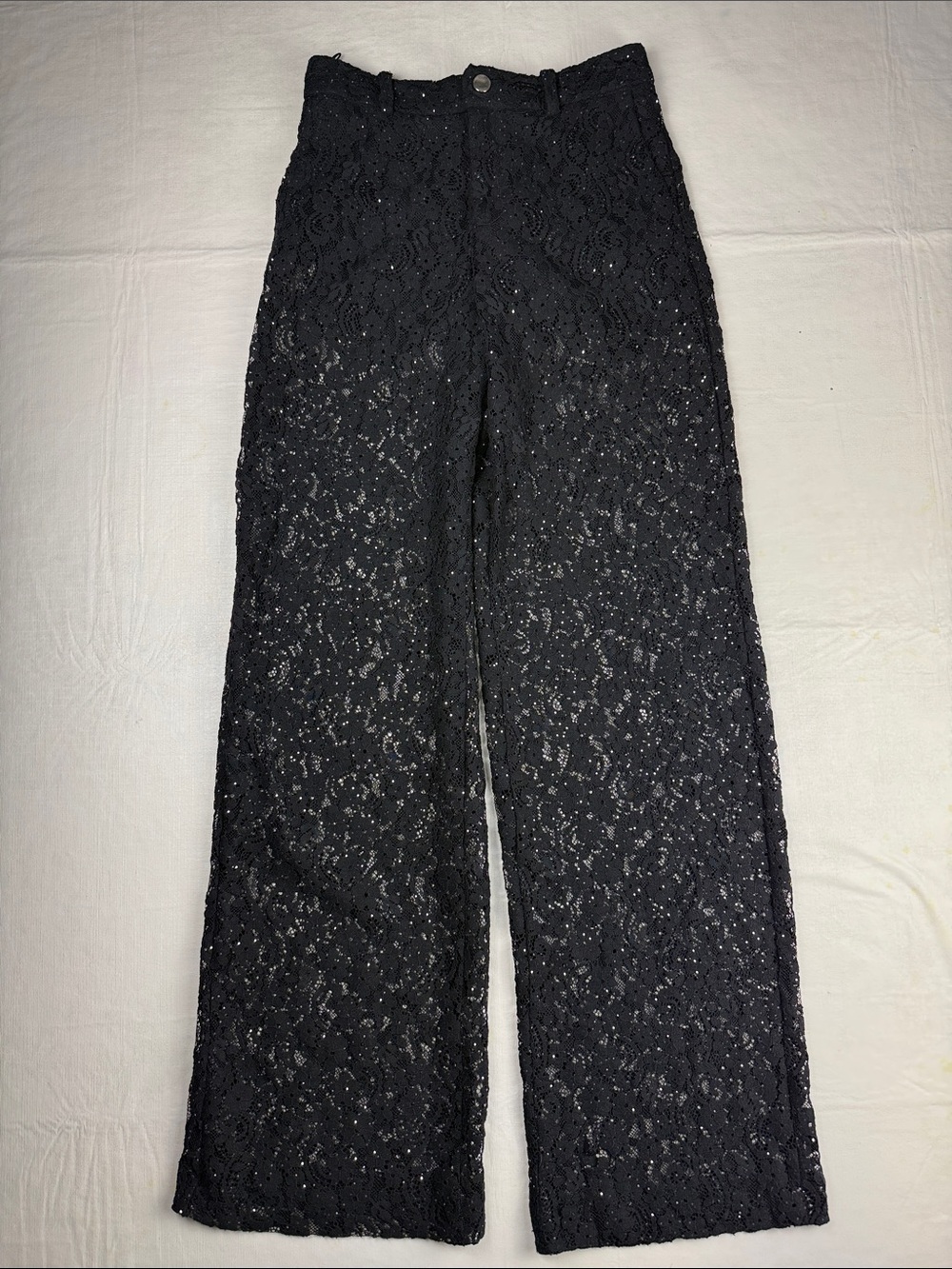 Zara Black Lace Wide Leg Subtle Sequins Flat Front Side Pocket Pants Size S